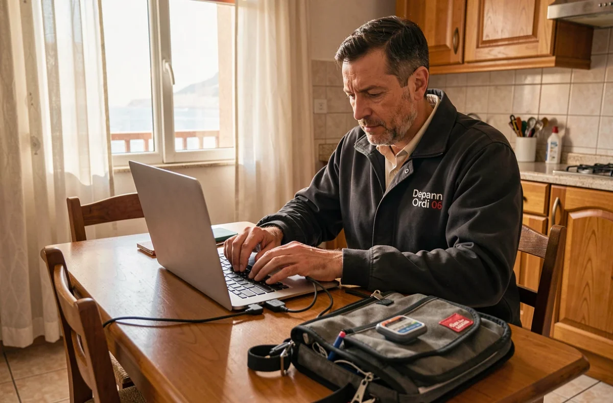 Technicien de Depann'Ordi 06 réparant un ordinateur portable à domicile dans un appartement de Nice