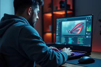 Homme frustré devant un laptop ASUS ROG avec l'application Armory Crate qui ne répond plus