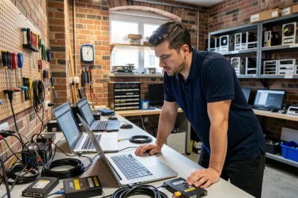 Technicien informatique en Isère réparant plusieurs ordinateurs portables dans un atelier professionnel bien équipé