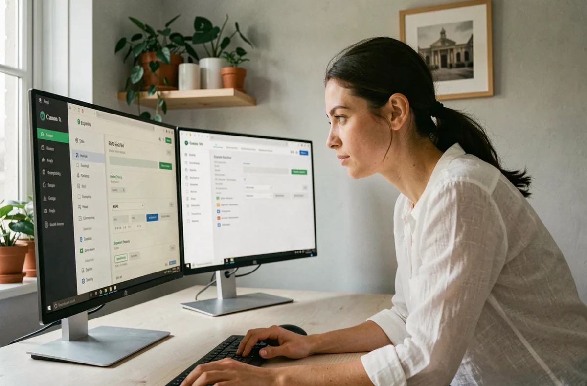 Femme développeuse web vérifiant une checklist de sécurité des données sur le panneau de contrôle d'un hébergeur français depuis son bureau à domicile