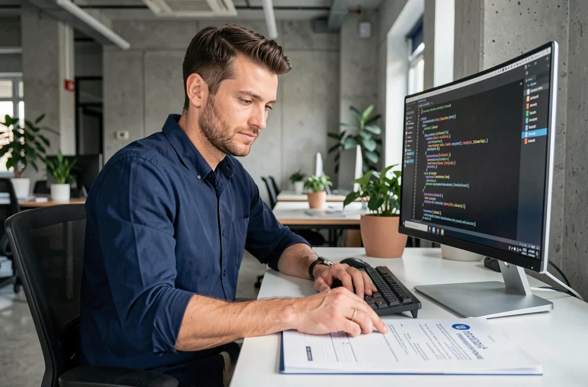 Développeur débutant consultant une documentation API imprimée dans un espace de coworking moderne
