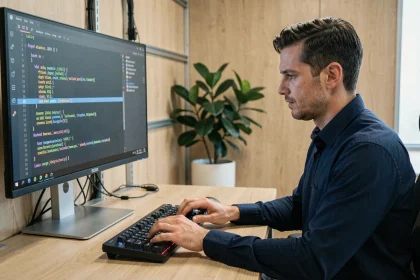 Développeur VBA optimisant une macro Loop For dans un bureau moderne avec un écran ultrawide affichant du code Excel