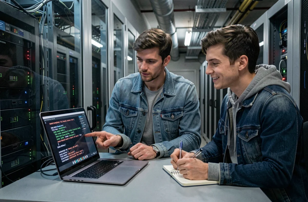 Deux développeurs analysant des journaux d'authentification TBS et des erreurs de compatibilité dans une salle serveur sécurisée