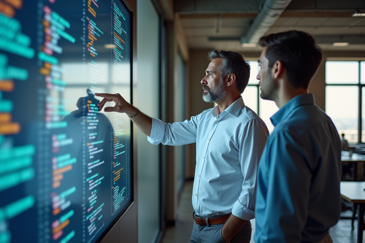 Homme montrant un tutoriel web development à ses collègues