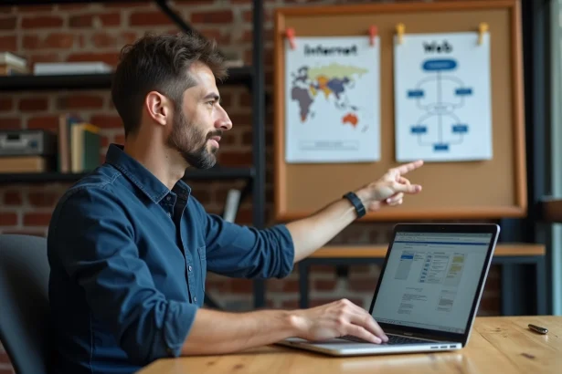 Homme expliquant la différence entre internet et le web avec deux diagrammes sur un tableau en liège dans un bureau