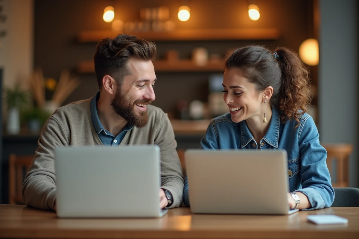 Deux adultes comparant des plateformes de chatbot IA dans un café moderne