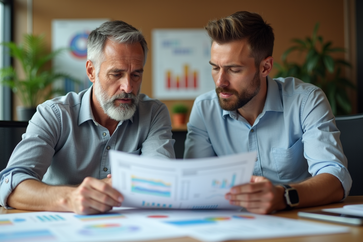 Deux hommes discutant autour de feuilles de calcul colorées