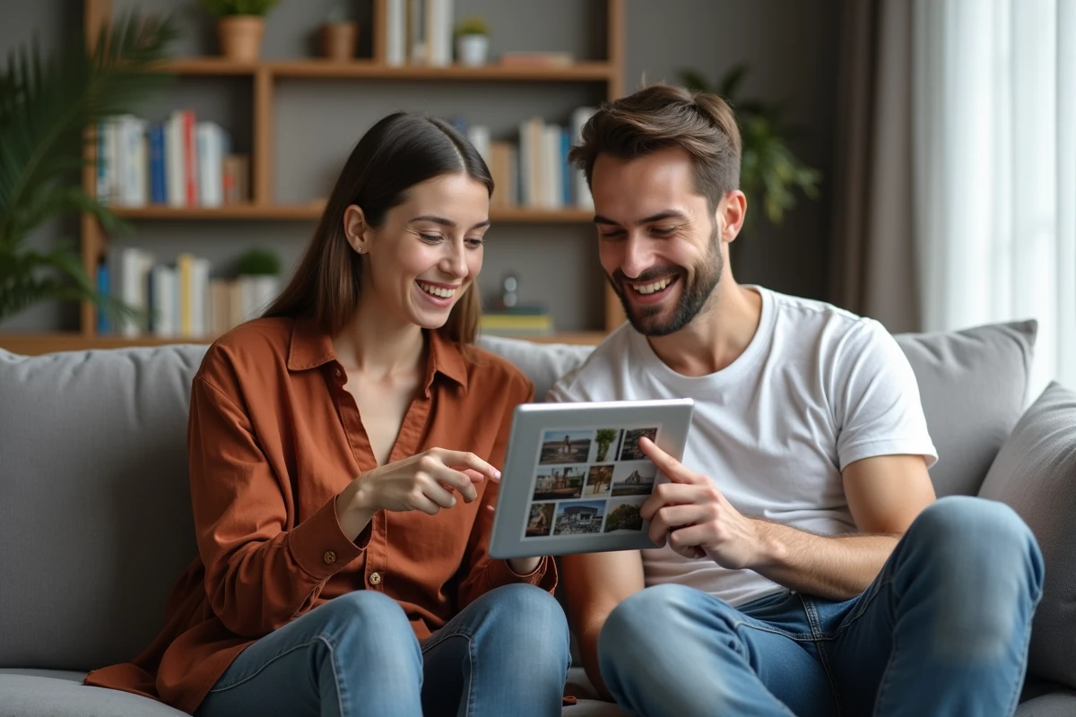 Deux personnes consultant ensemble une galerie d'images partagées sur une tablette dans un salon moderne