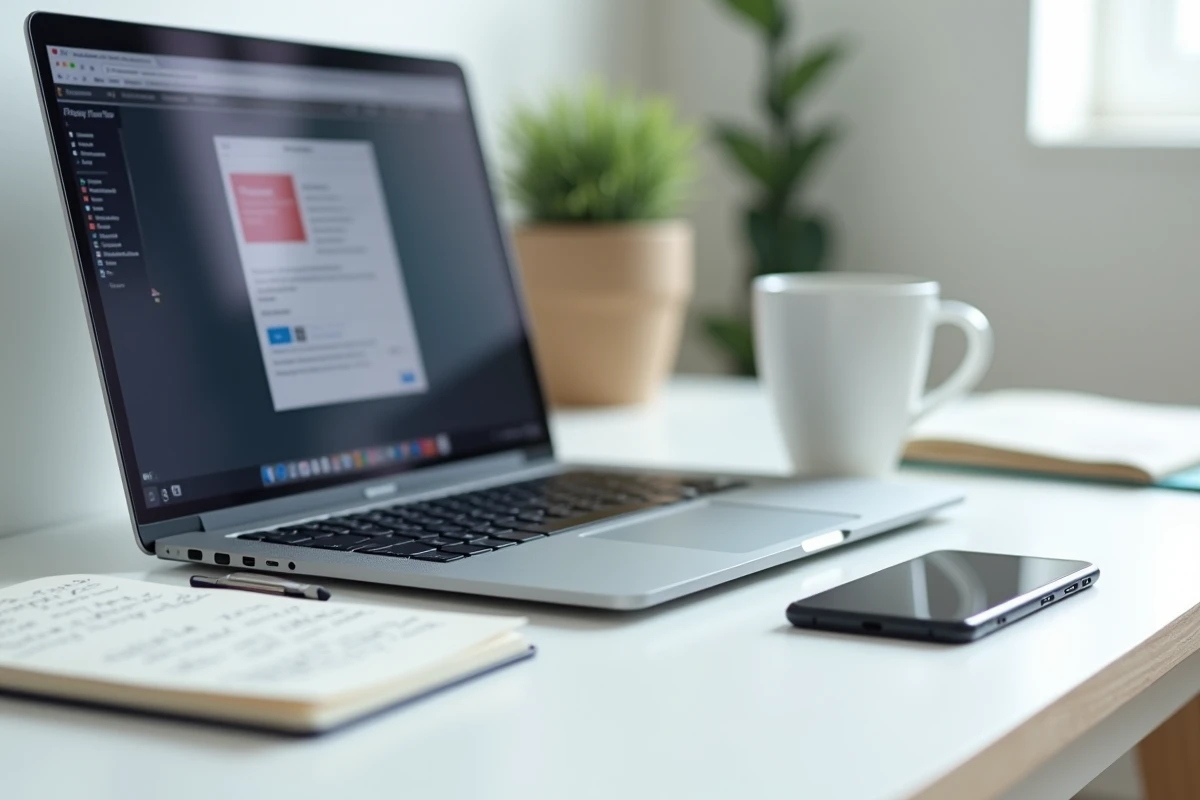 Écran d'ordinateur affichant une erreur de logiciel de scan avec un smartphone et un bloc-notes de dépannage sur un bureau
