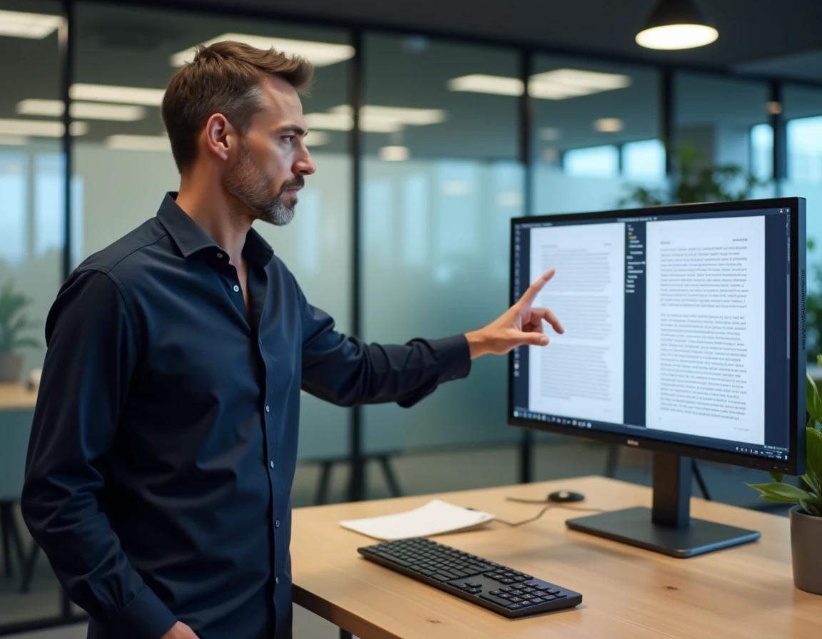 Homme en bureau montrant un effet miroir appliqué sur des formes et du texte dans Microsoft Word sur un grand écran