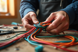 Mains d'electricien manipulant un circuit complexe avec fils colorés