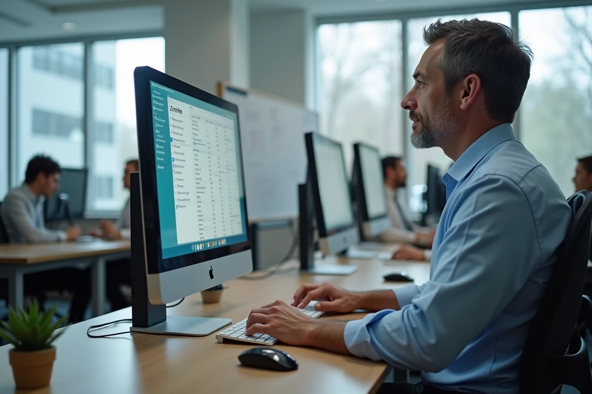 Employé universitaire utilisant Zimbra sur un bureau informatique en open space