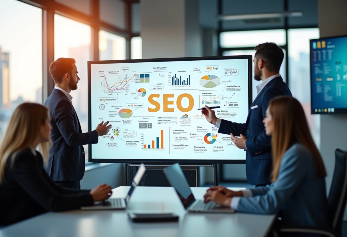 Equipe collaborant autour d un tableau blanc avec stratégies SEO