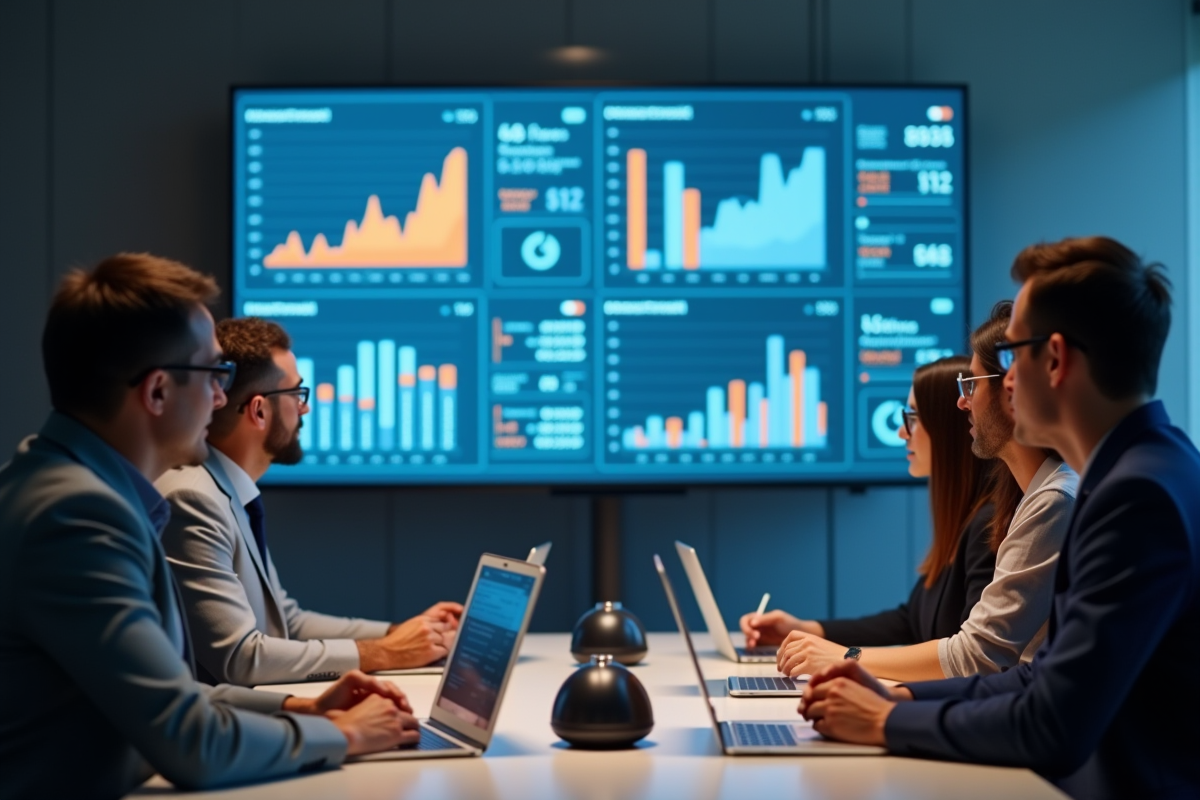 Groupe de professionnels analysant des données marketing sur un grand écran