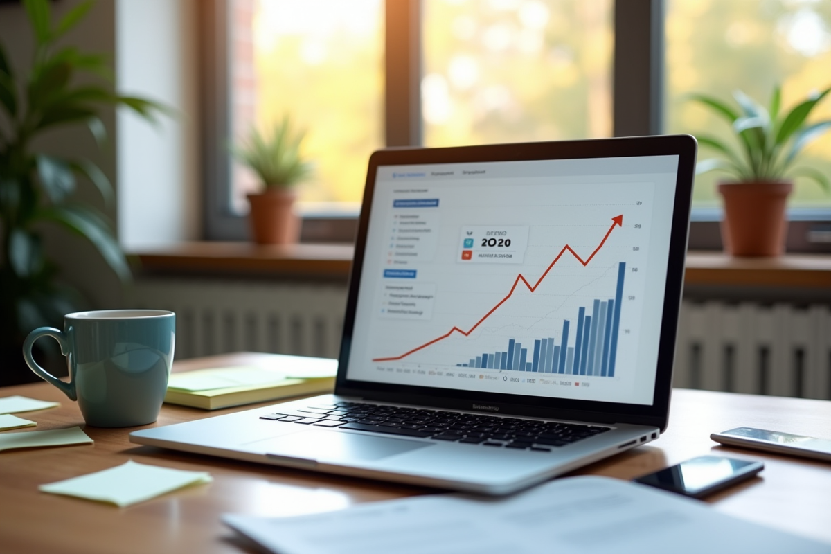 Espace de travail moderne avec ordinateur affichant une croissance SEO