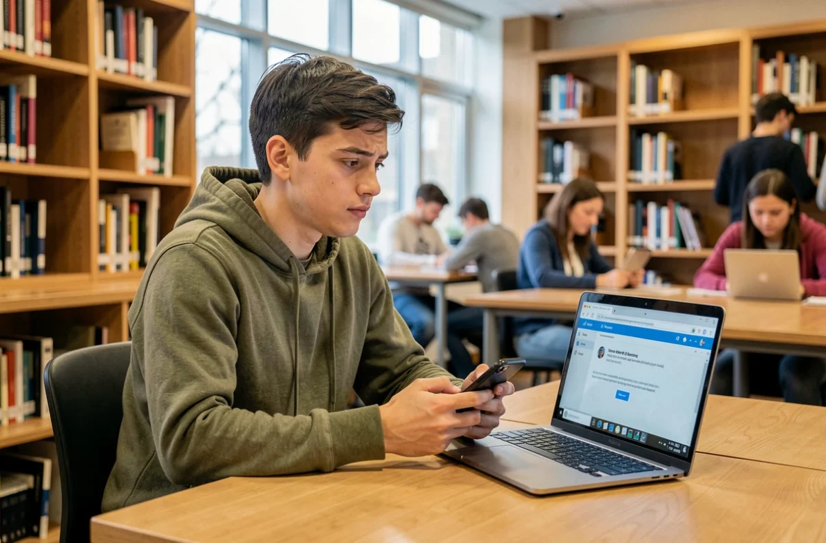 Étudiant en bibliothèque consultant son téléphone face à une erreur d'accès au webmail universitaire
