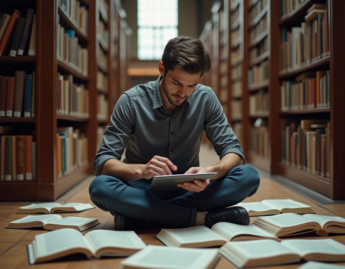 Étudiant en droit utilisant un assistant IA juridique sur tablette dans une bibliothèque universitaire