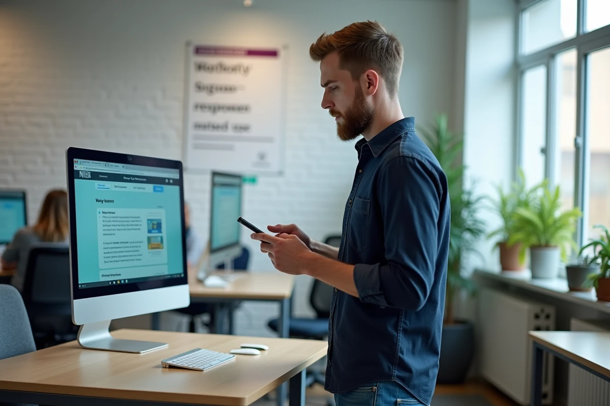 Étudiant consultant le portail ENT universitaire sur ordinateur tout en tenant son smartphone dans un espace de travail moderne