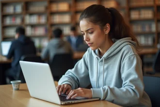 Étudiante comparant la boîte mail académique et l'ENT sur un ordinateur portable dans une bibliothèque universitaire
