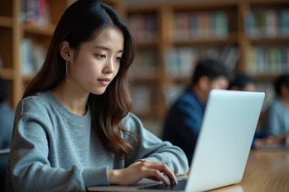 Étudiante consultant le webmail Unicaen sur un ordinateur portable dans une bibliothèque universitaire