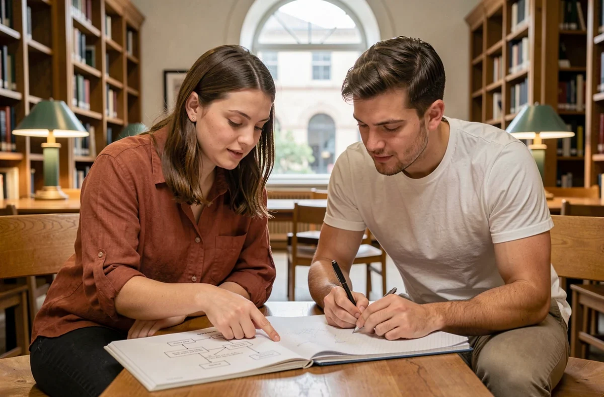 Deux étudiants débutants étudiant ensemble un manuel technique dans une bibliothèque universitaire