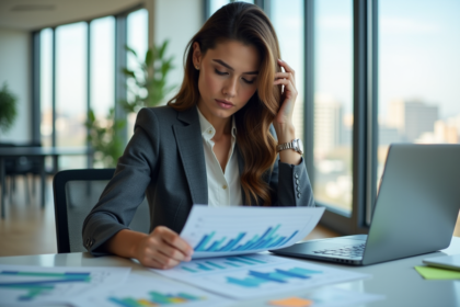 Femme d'affaires analyse des données dans un bureau moderne