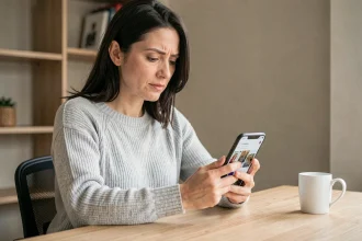 Femme consultant ses albums photo sur un smartphone Samsung, illustrant les changements de Samsung Cloud en 2026