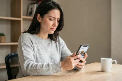 Femme consultant ses albums photo sur un smartphone Samsung, illustrant les changements de Samsung Cloud en 2026