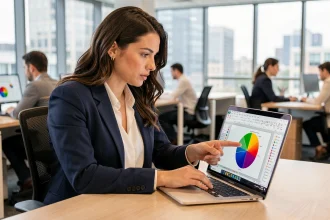 Femme professionnelle analysant un graphique camembert Excel sur un ordinateur portable dans un bureau moderne