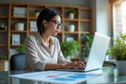 Femme analysant des graphiques sur un ordinateur dans un bureau moderne