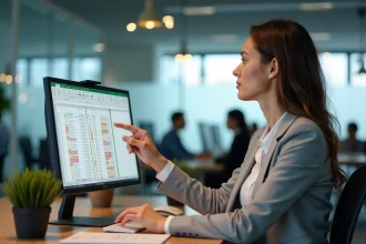 Femme en blazer gris analysant des doublons mis en évidence dans un tableau Excel sur un écran de bureau dans un bureau moderne