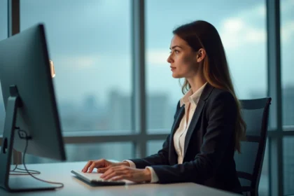 Femme analysant des données SEO sur un ordinateur moderne