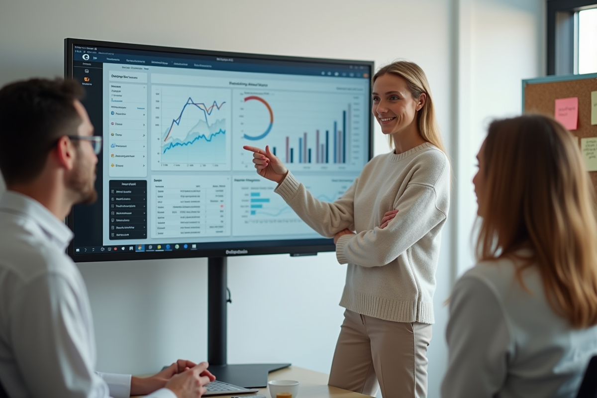 Femme expliquant des analyses à une équipe