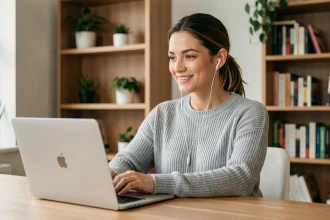 Femme utilisant Skype en appel vidéo depuis son bureau à domicile sur un ordinateur portable
