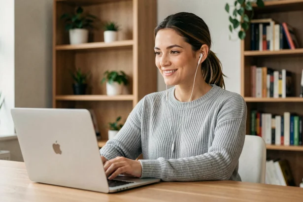 Femme utilisant Skype en appel vidéo depuis son bureau à domicile sur un ordinateur portable