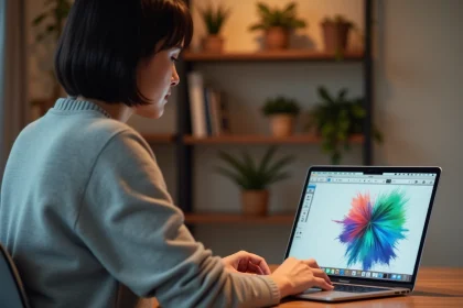 Femme utilisant une application de dessin pixelisé sur MacBook Pro dans un bureau à domicile moderne