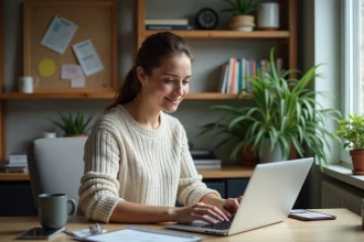 Femme concentrée analysant des données sur son ordinateur dans un bureau moderne