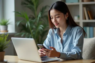 Jeune femme au bureau vérifiant son ordinateur et smartphone