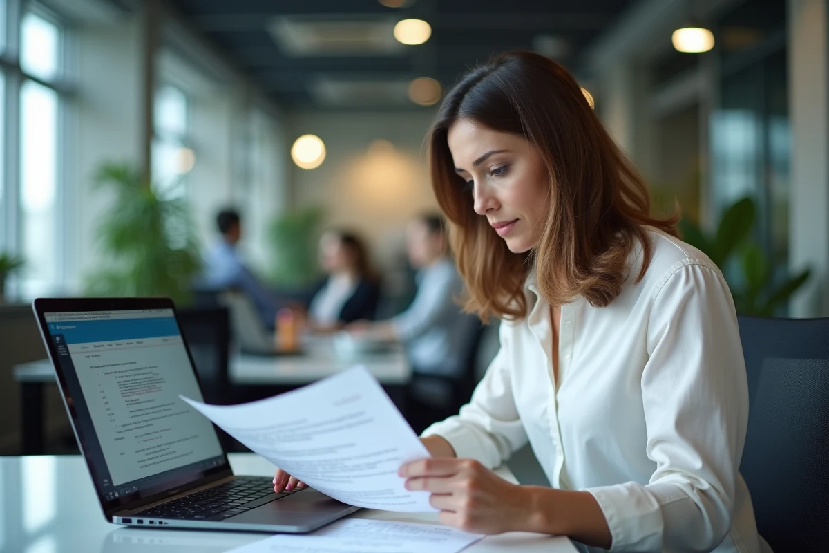 Femme en bureau d'entreprise consultant un guide de dépannage pour résoudre un problème de logiciel