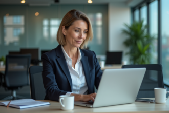 Femme d'âge moyen au bureau utilisant un assistant numérique