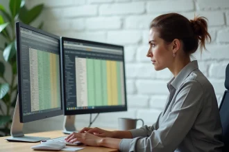 Femme au bureau analysant des doublons dans un tableau Excel sur ordinateur