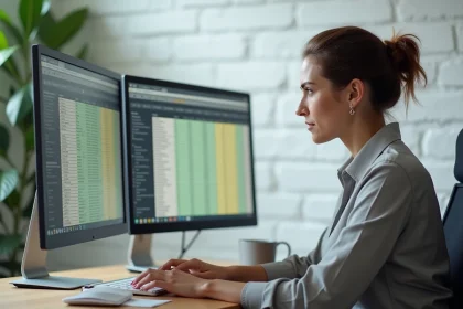 Femme au bureau analysant des doublons dans un tableau Excel sur ordinateur