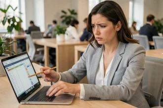 Femme au bureau pointant une erreur dans un calcul de pourcentage sur Excel