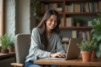 Jeune femme au bureau à domicile souriante et concentrée