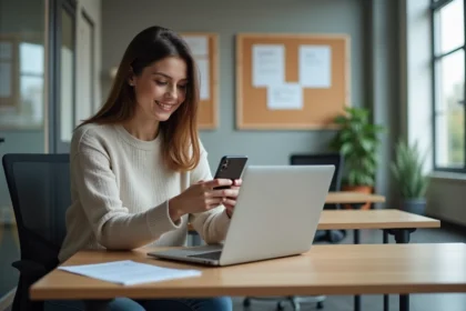 Femme au bureau utilisant son ordinateur et smartphone