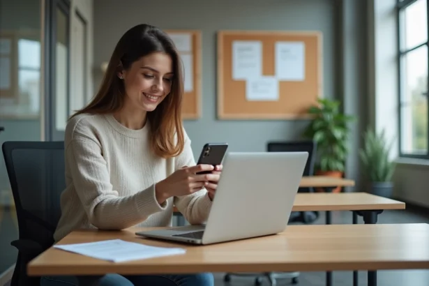 Femme au bureau utilisant son ordinateur et smartphone