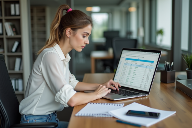 Jeune femme au bureau travaillant sur un ordinateur portable