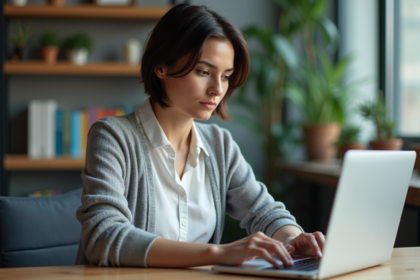 Femme concentrée analysant son ordinateur dans un bureau moderne