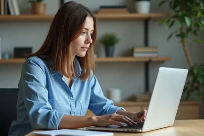 Jeune femme au bureau utilisant un ordinateur portable