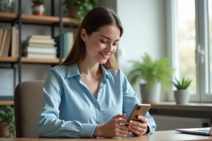 Jeune femme au bureau utilisant son smartphone